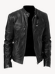 Men's solid biker jacket with stand collar, front zip and zipped pockets