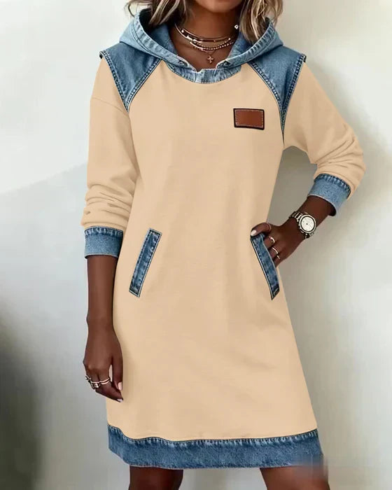 Women's long-sleeve hooded dress with contrast trim and front pockets