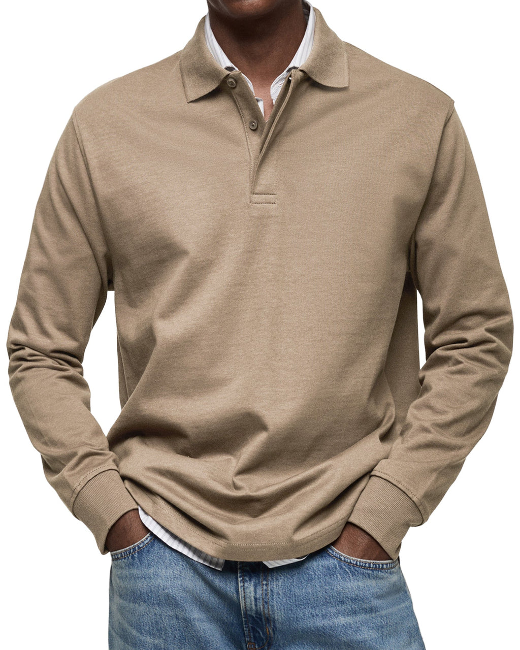 Men's long sleeve polo sweater with collar, button placket and ribbed trims