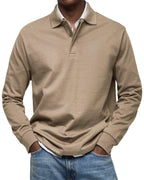 Men's long sleeve polo sweater with collar, button placket and ribbed trims