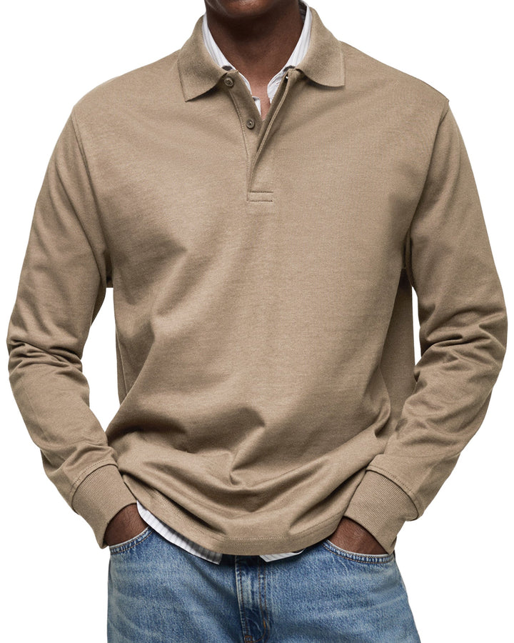 Men's long sleeve polo sweater with collar, button placket and ribbed trims