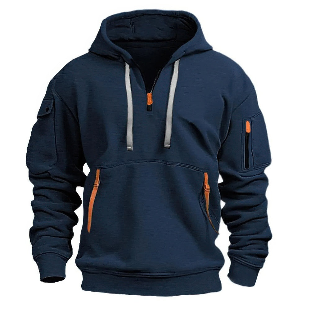 Men's hooded half-zip hoodie with utility pockets and long sleeves