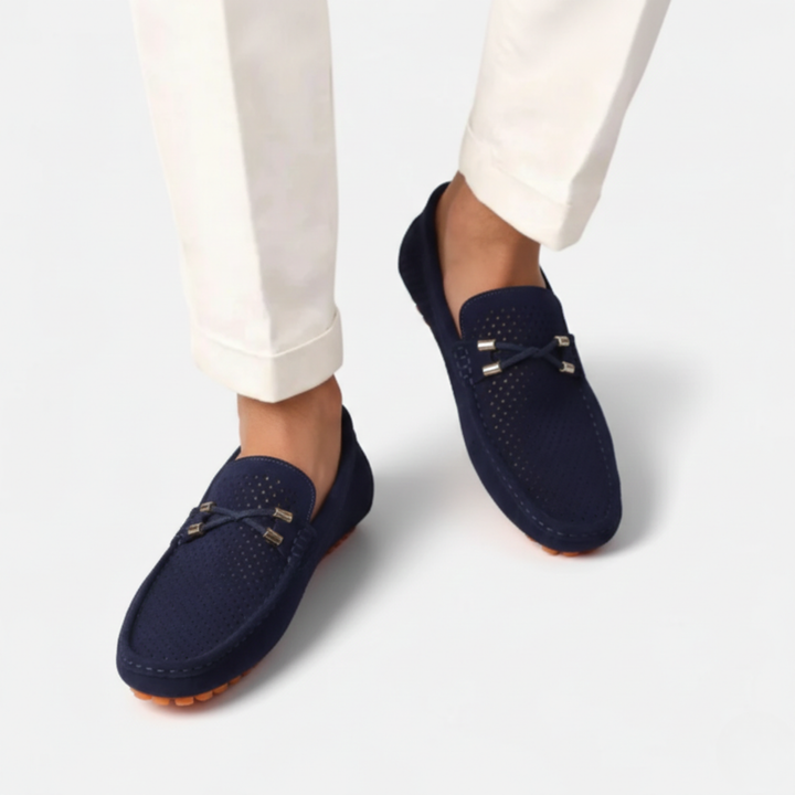 Men's perforated loafers with moc toe stitching and decorative front trim
