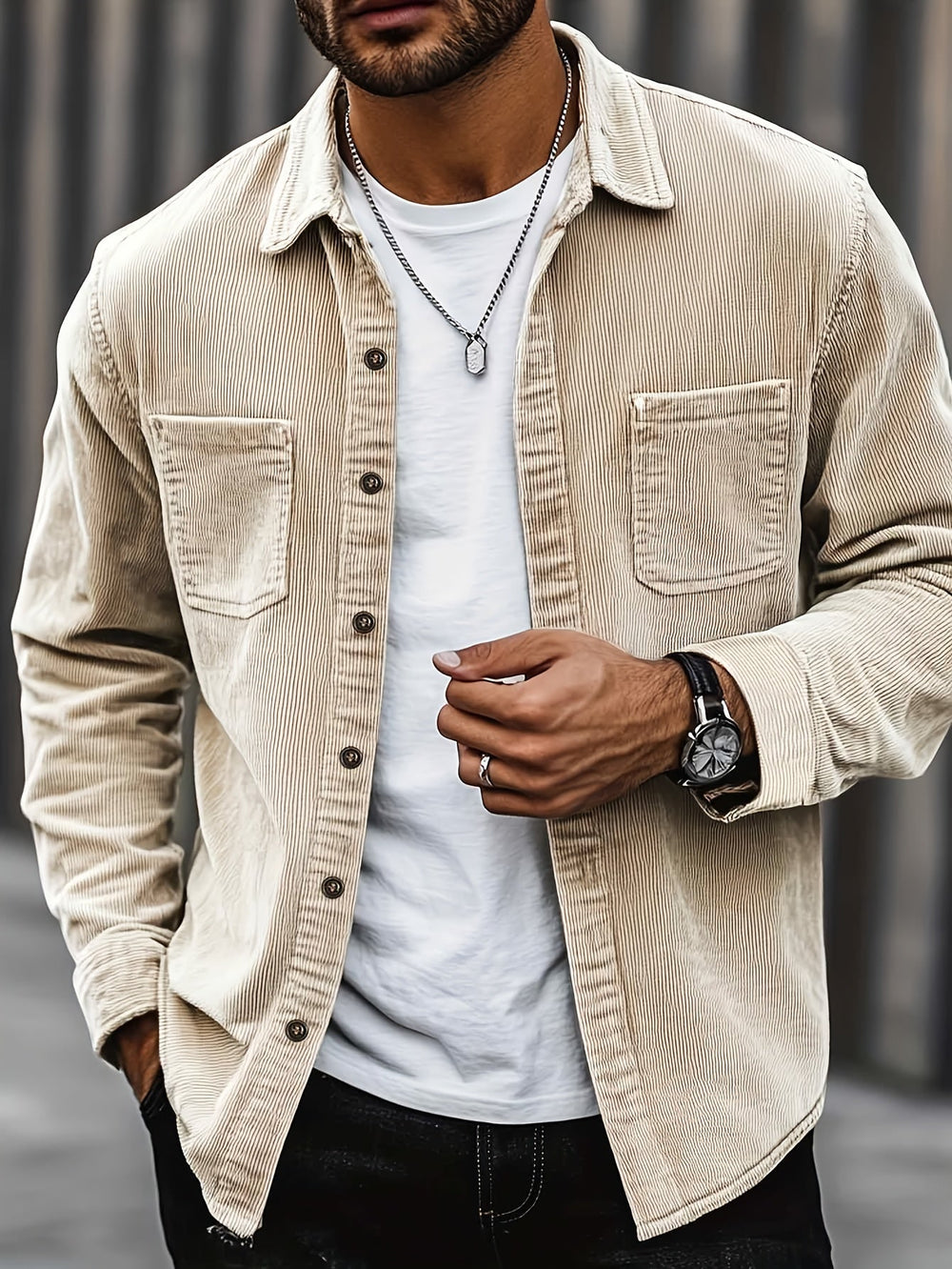 Men's beige corduroy overshirt with a button front and two patch pockets