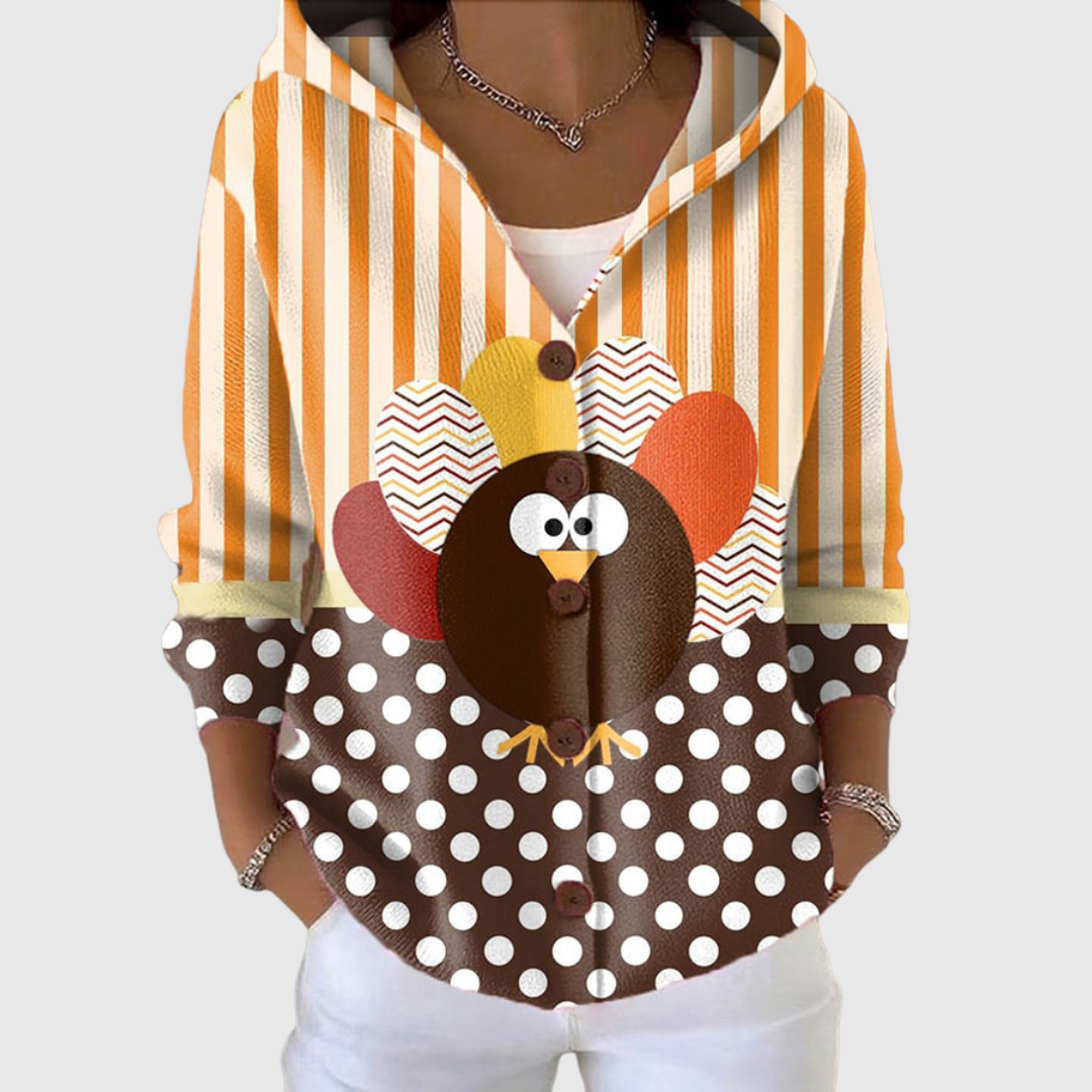 Women's multicolour hooded cardigan with stripes, polka dots and character motif