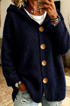 Women's long-sleeve hooded knit cardigan with four-button front