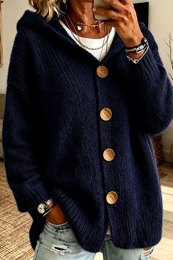 Women's long-sleeve hooded knit cardigan with four-button front