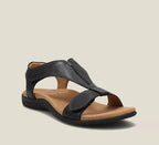 Women's black orthopedic t-strap sandal with adjustable velcro and contoured footbed