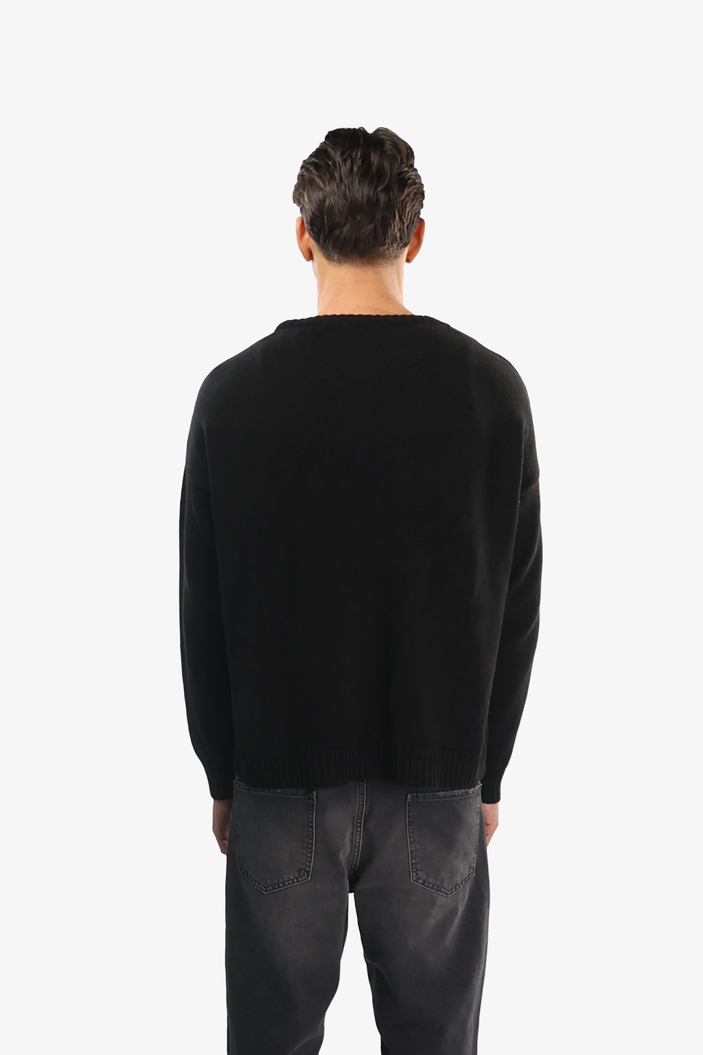 Men's black plain knit sweater with crew neck and ribbed trims