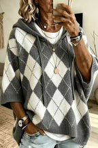 Women's argyle hooded knit sweater with 3/4 sleeves