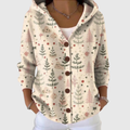 Women's cream hooded knit cardigan with Christmas tree pattern and button front