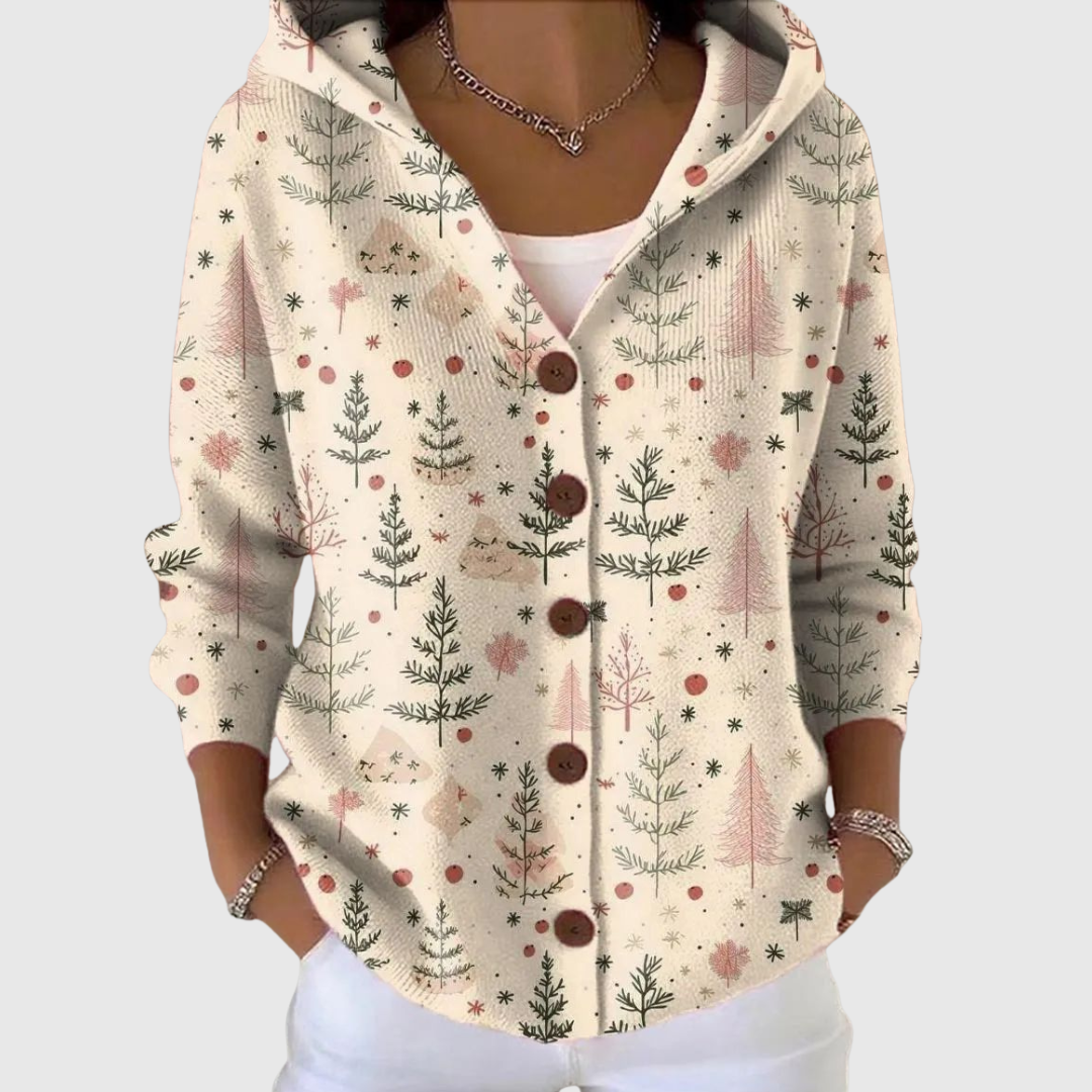Women's cream hooded knit cardigan with Christmas tree pattern and button front