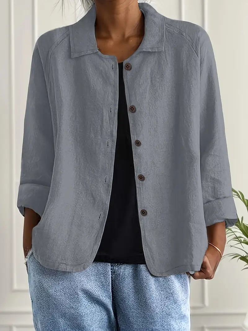 Women's collared shirt-style cardigan with button front and long sleeves