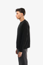 Men's black plain knit sweater with crew neck and ribbed trims