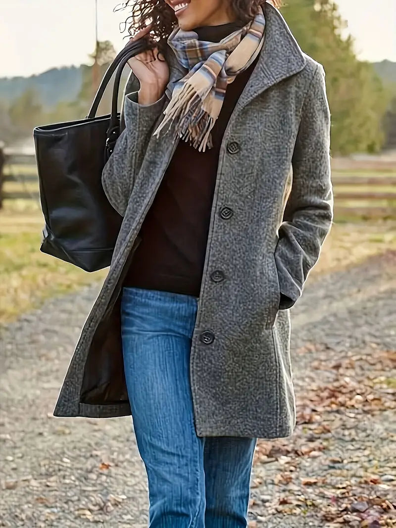 Women's textured mid-length coat with lapel collar and button front