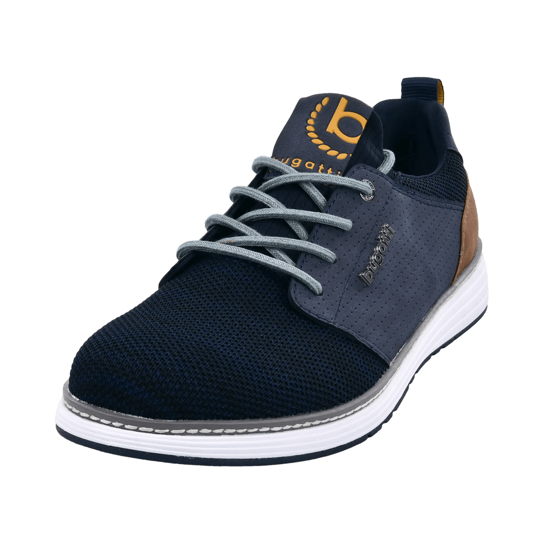 Men's navy lace-up sneakers with mesh panels and white sole