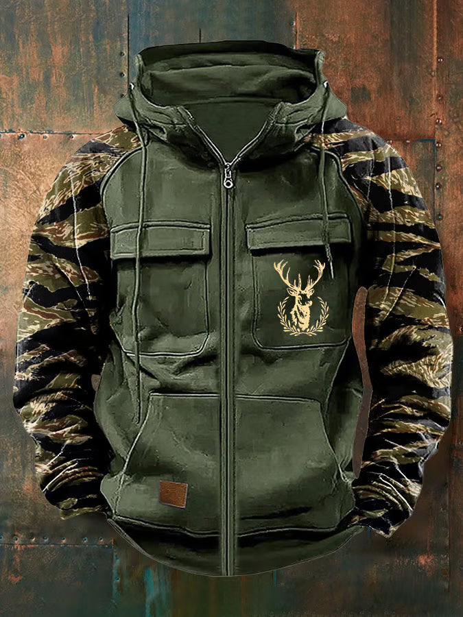 Men's camouflage sleeve zip hoodie with hood and utility pockets