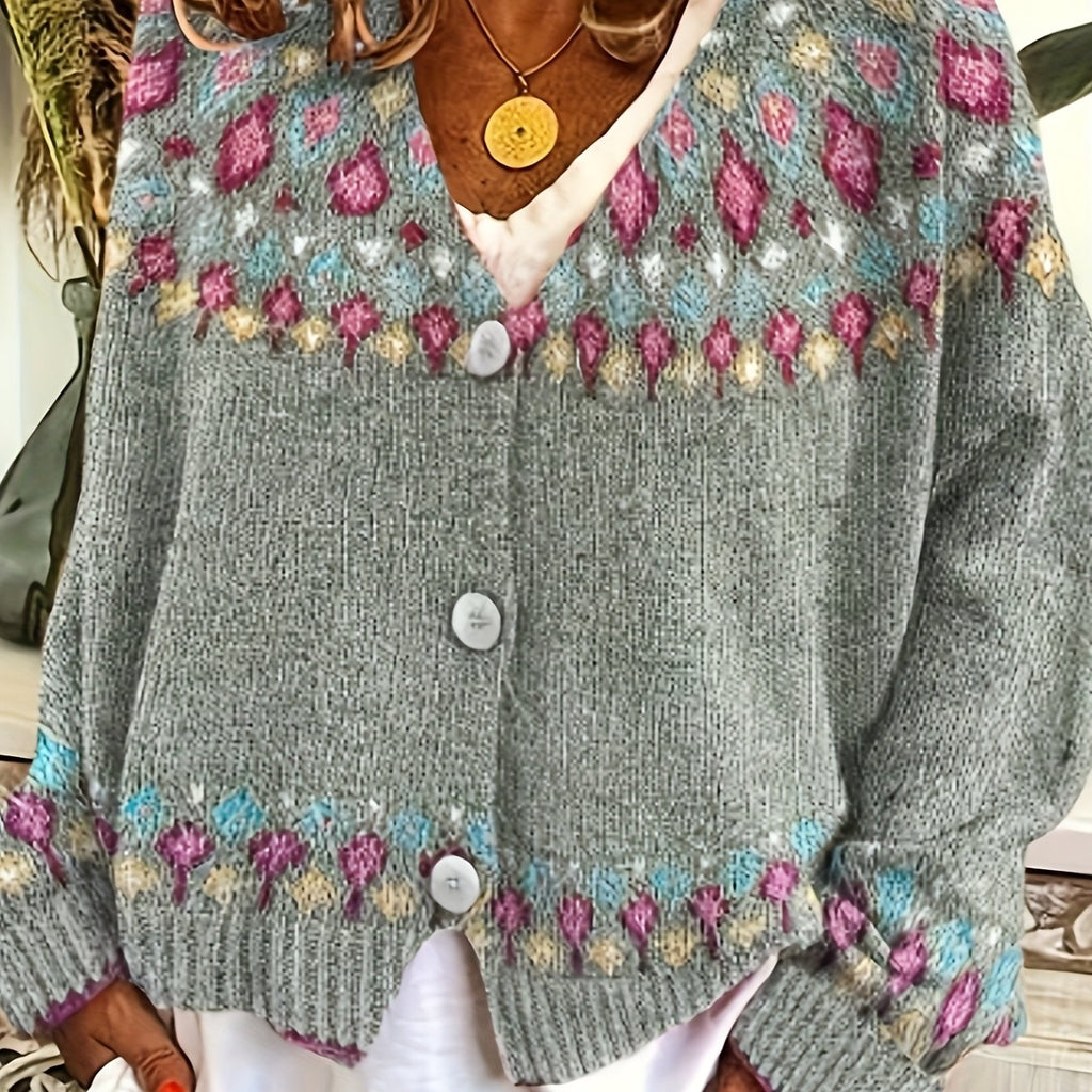 Women's multicoloured knitted cardigan with floral pattern bands and button front