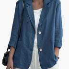 Women's navy blazer with notched lapels and front buttons