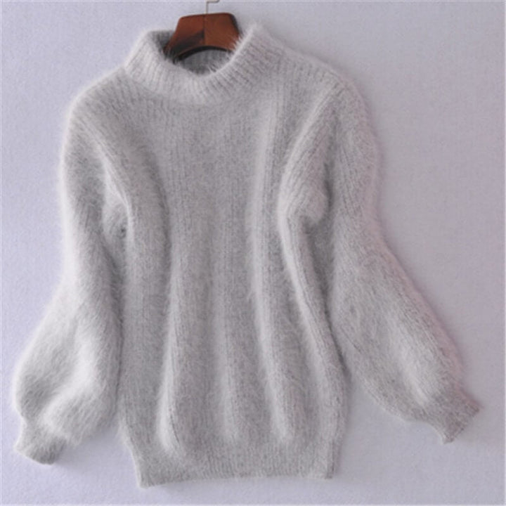Women's fluffy turtleneck sweater with long sleeves and ribbed trims