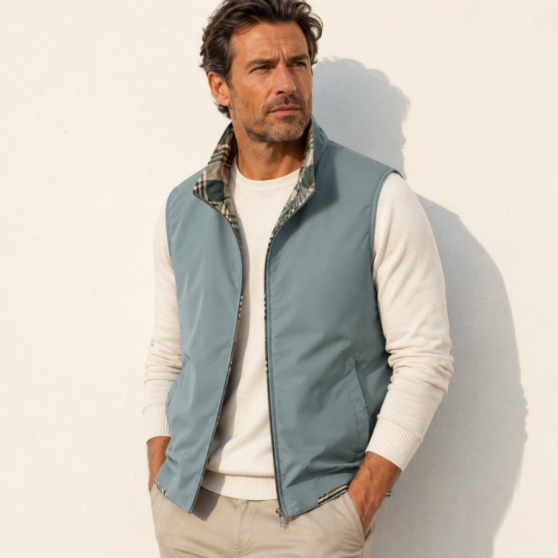 Men's sleeveless zip vest with stand collar, angled zipped pockets and checked lining