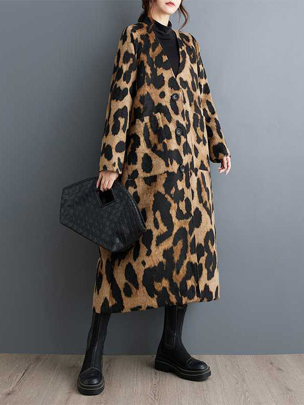 Women's brown leopard longline coat with buttons and patch pockets