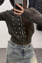 Women's black fitted hoodie with studded front trims and zip fastening