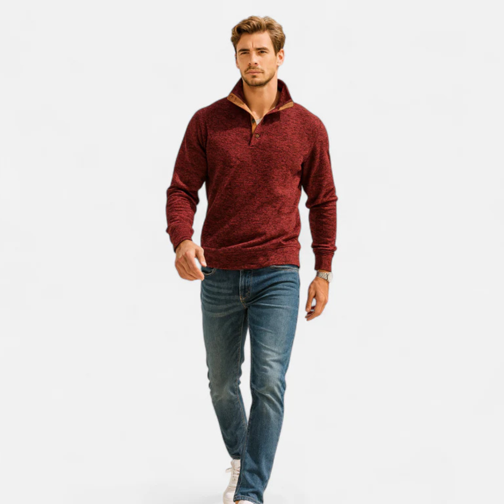 Men's textured knit sweater with mock neck and contrast elbow patches