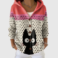 Women's hooded polka dot cardigan with button front and black cat motif