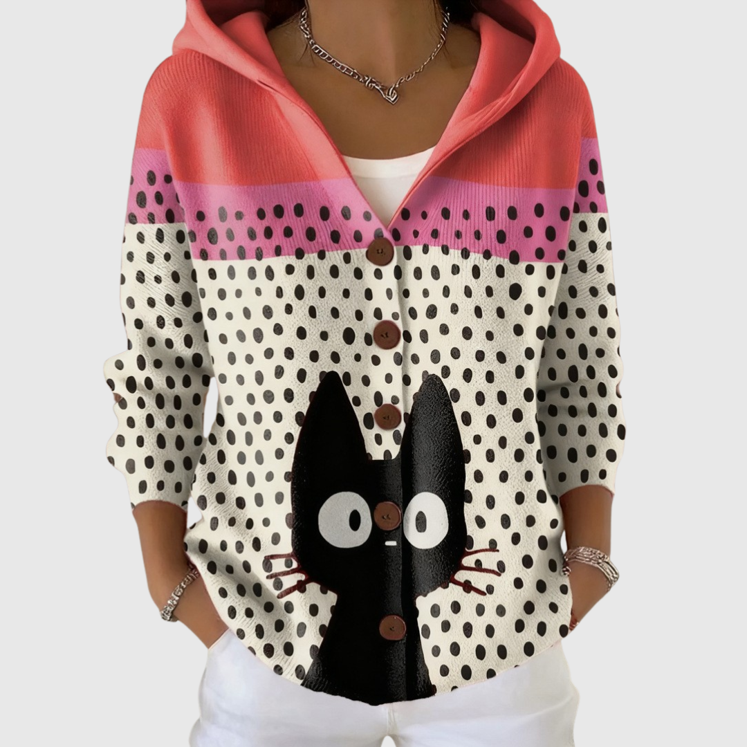 Women's hooded polka dot cardigan with button front and black cat motif