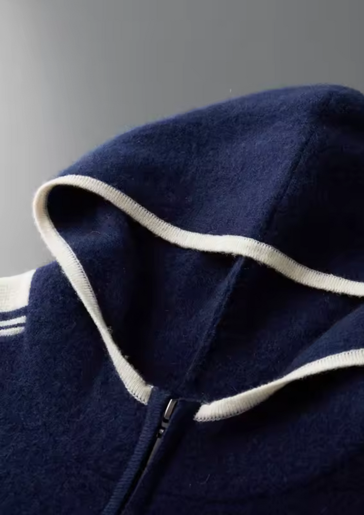 Men's knit hooded tracksuit set with contrast stripes on the sleeves and legs