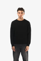 Men's black plain knit sweater with crew neck and ribbed trims