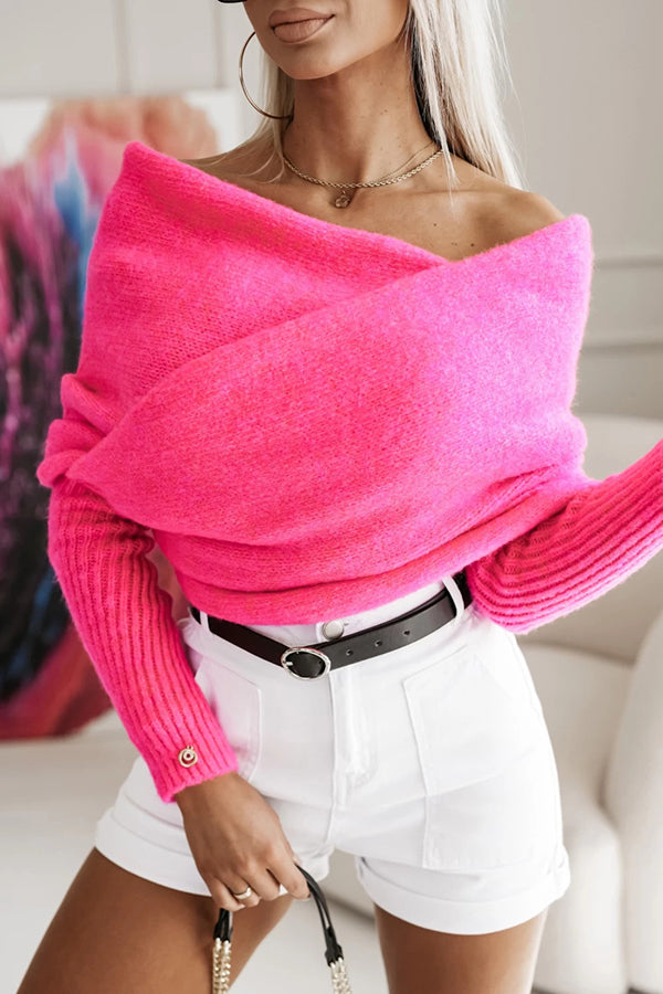 Women's off-shoulder knit poncho sweater with long sleeves