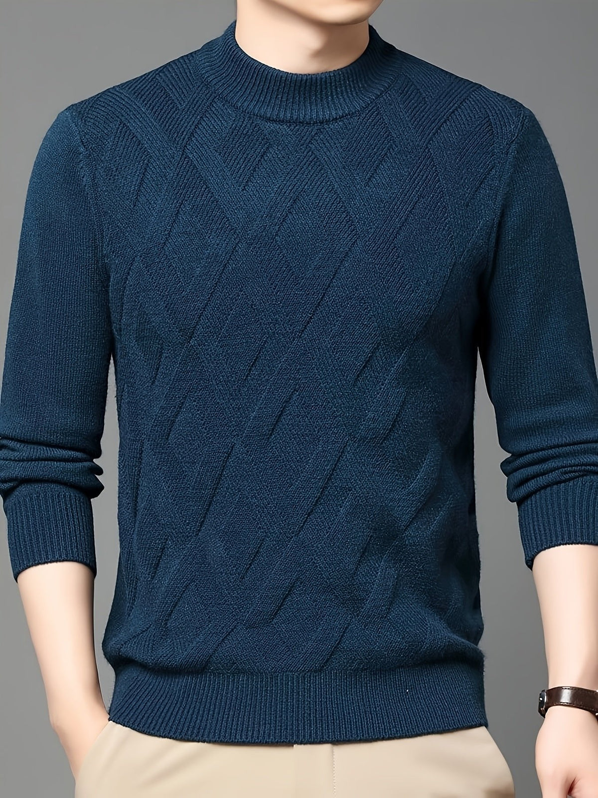 Textured geometric knit jumper with mock neck and long sleeves