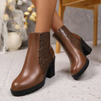 Women's ankle boots with textured panels, high block heels, side zips and lugged soles