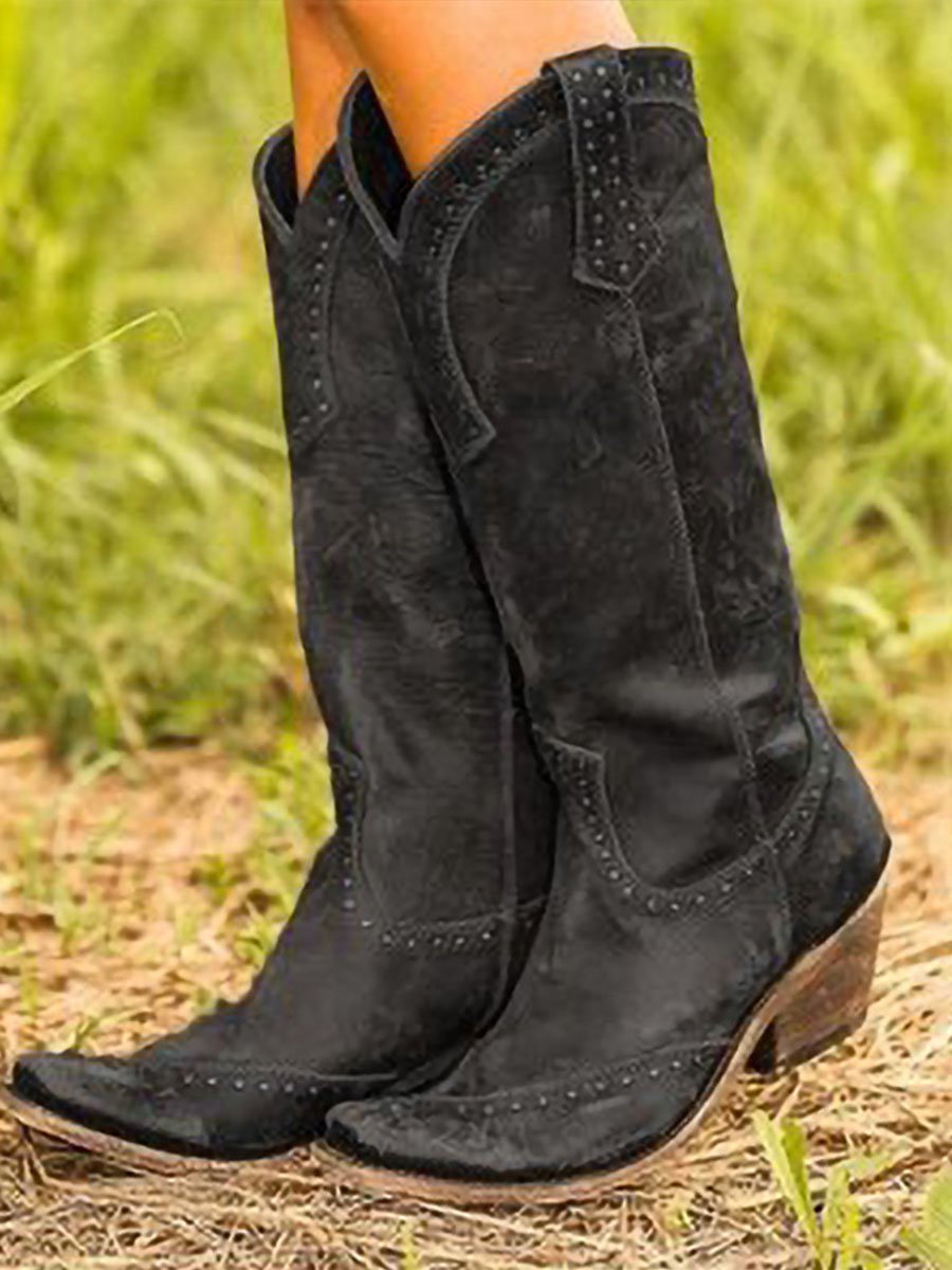 Women's studded knee-high cowboy boots with pointed toes