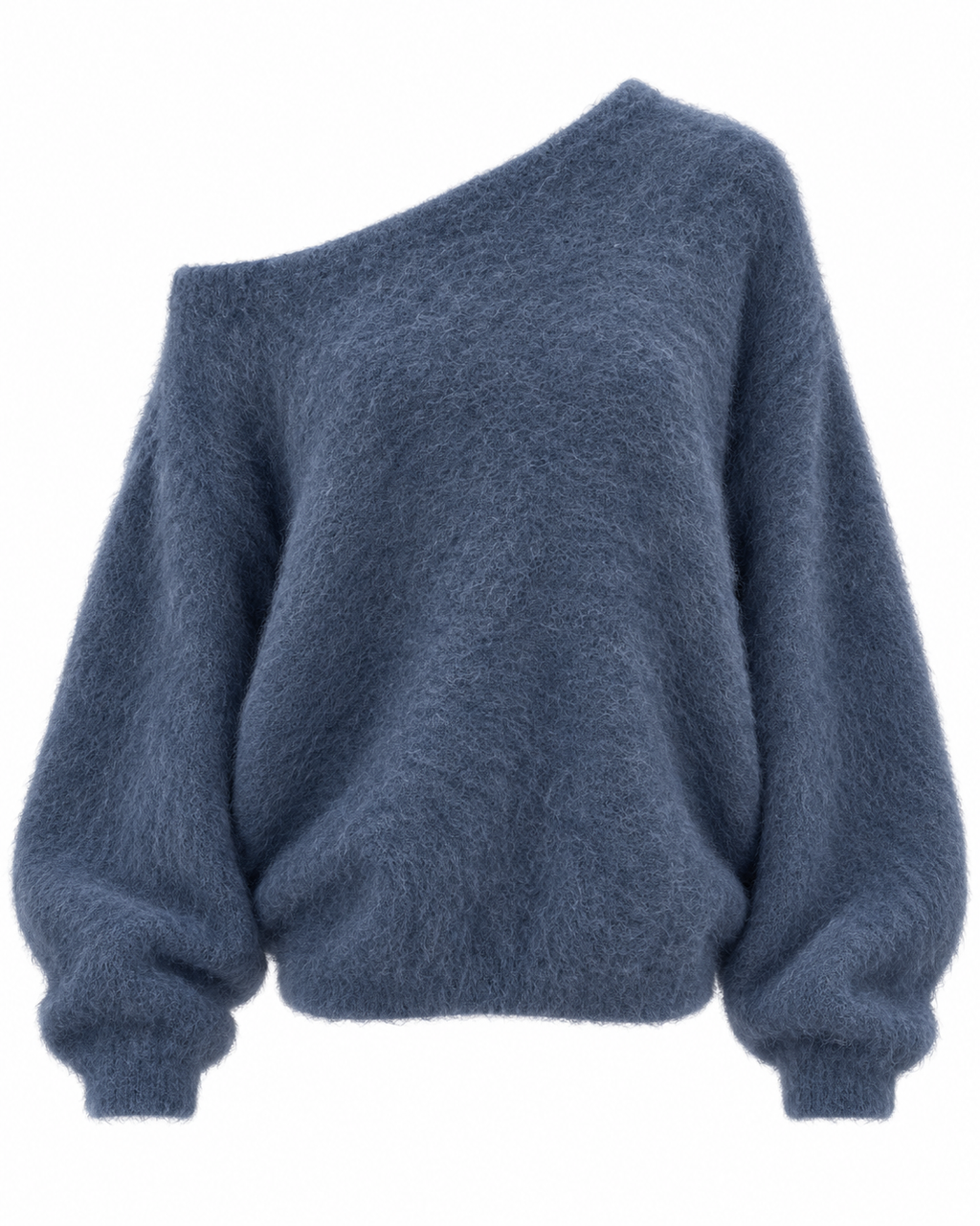 Women's blue off-shoulder jumper with long sleeves and ribbed trims
