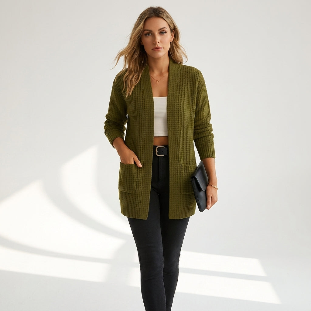 Women's long ribbed knit cardigan with open front and pockets