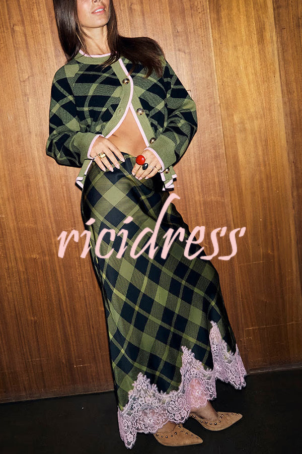 Women's green plaid cardigan with pink trim and buttons