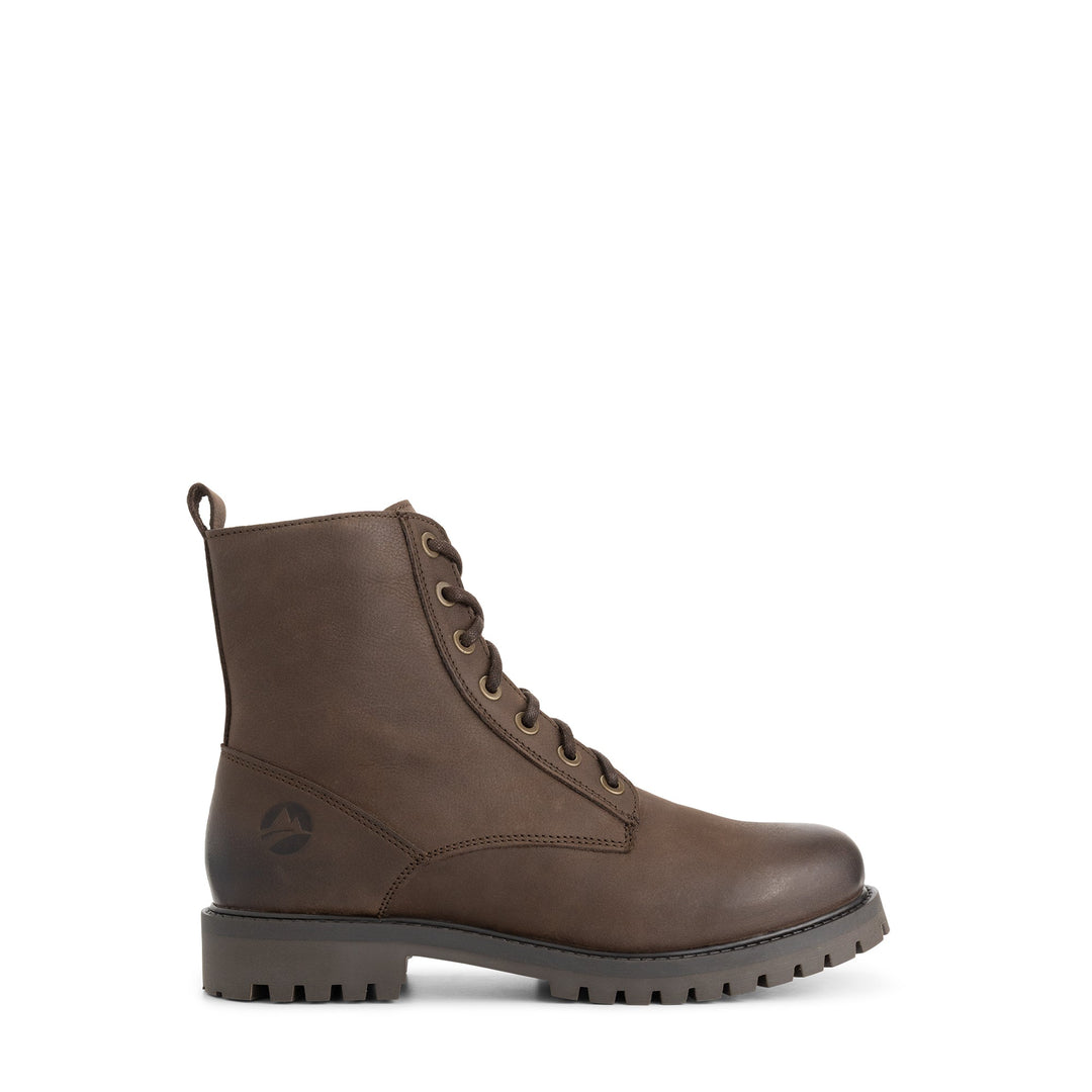 Brown lace-up ankle boots with side zippers and lugged soles