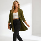 Women's long ribbed knit cardigan with open front and pockets