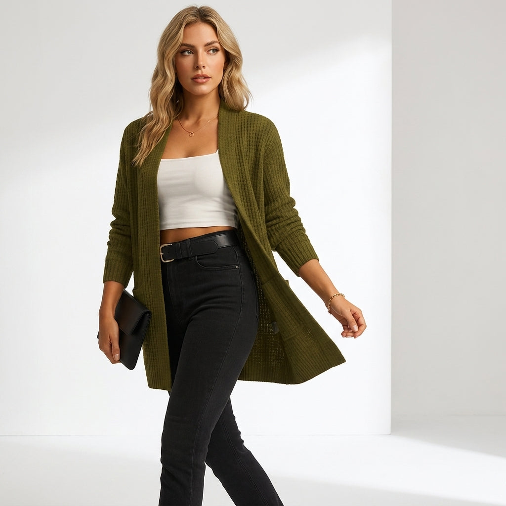 Women's long ribbed knit cardigan with open front and pockets