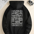 Men's hooded sweatshirt with large outlined text print on the back