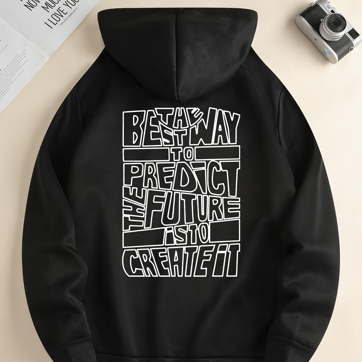 Men's hooded sweatshirt with large outlined text print on the back