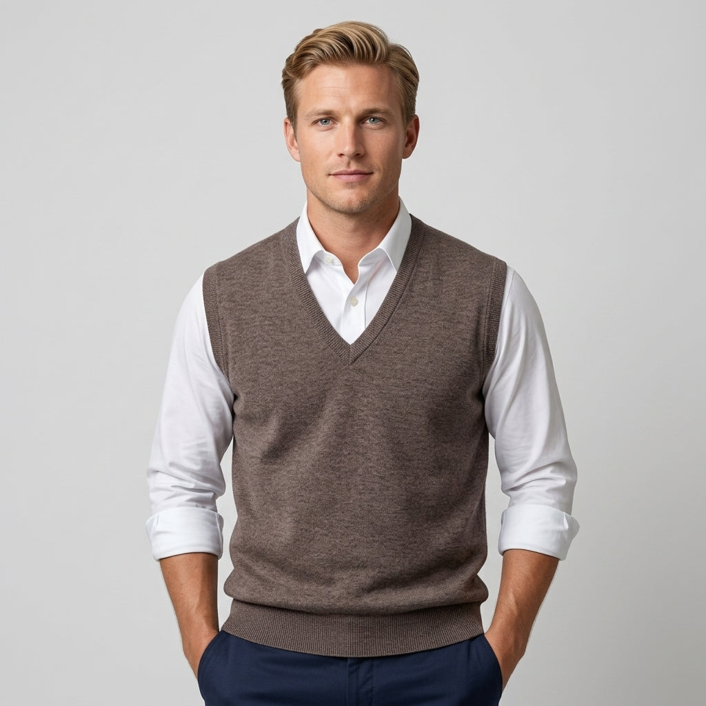 Men's sleeveless V-neck jumper layered over a collared shirt