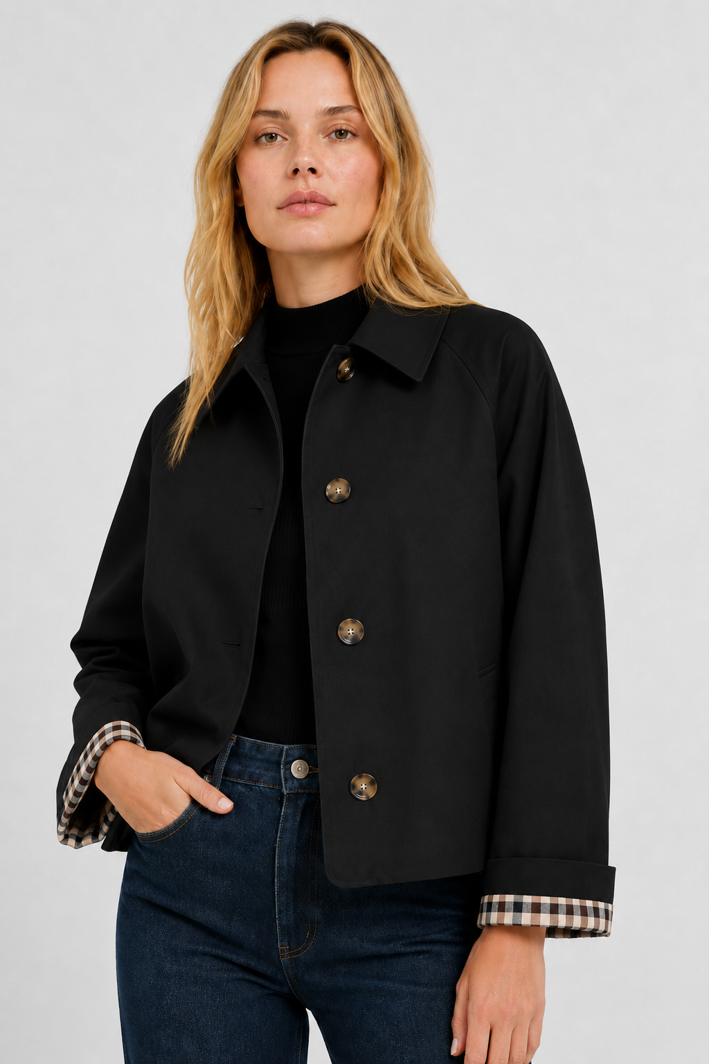 Women's lightweight collared jacket with button front and checked turn-back cuffs