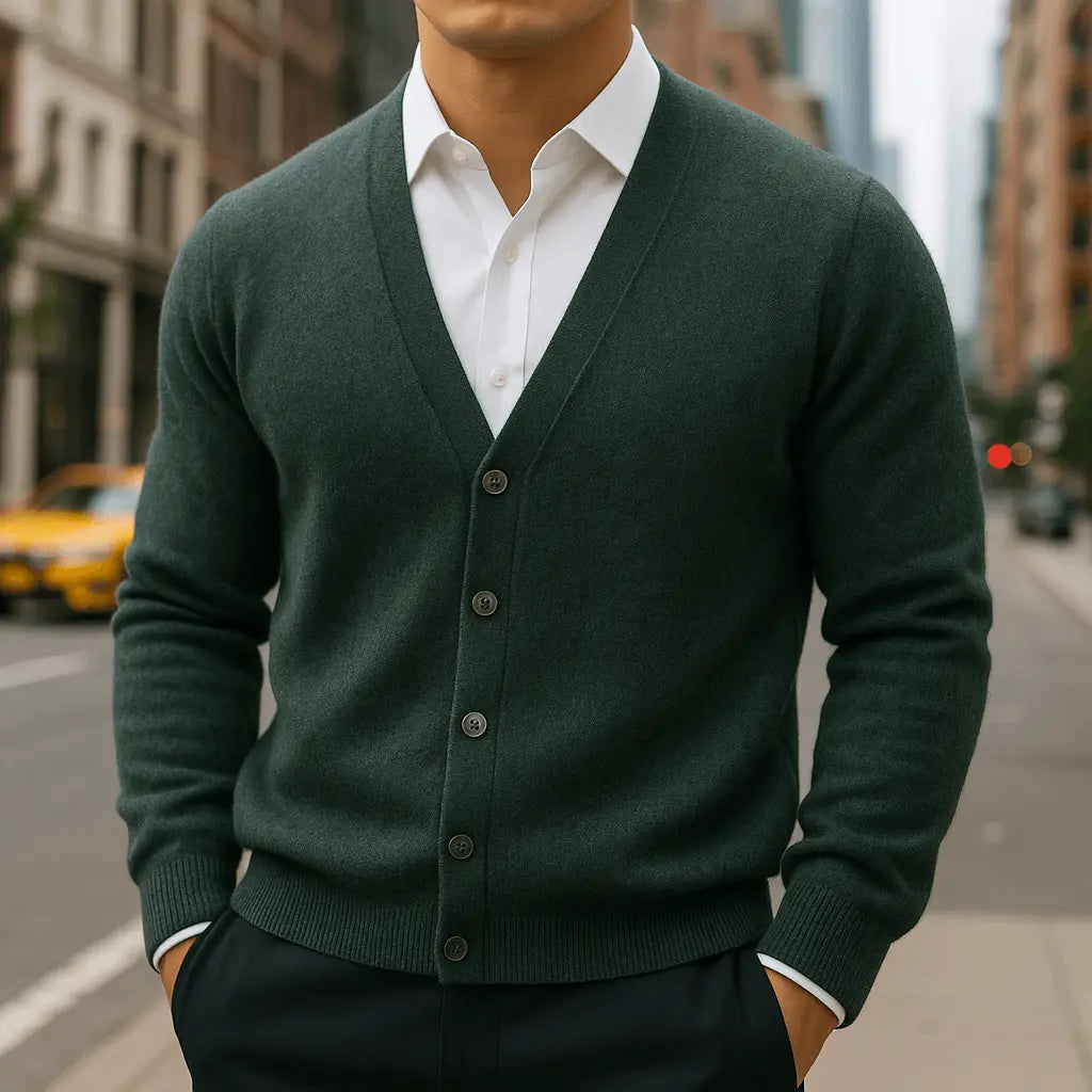 Men's V-neck button cardigan with long sleeves and ribbed trims