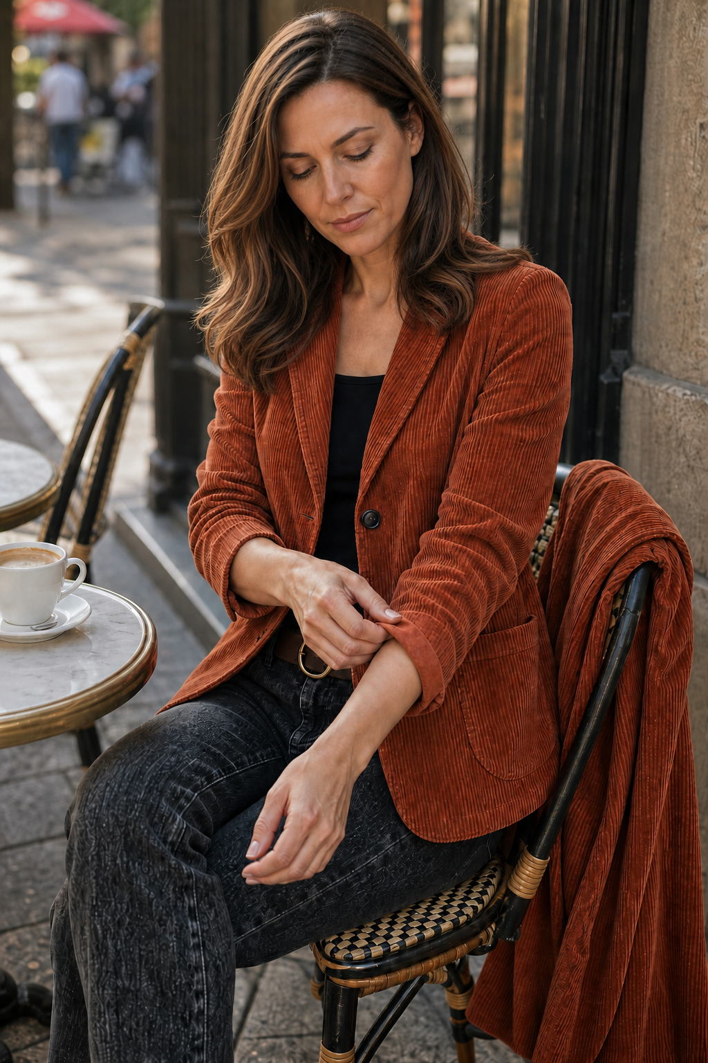 Women's structured ribbed texture blazer with notched collar, long sleeves and patch pockets
