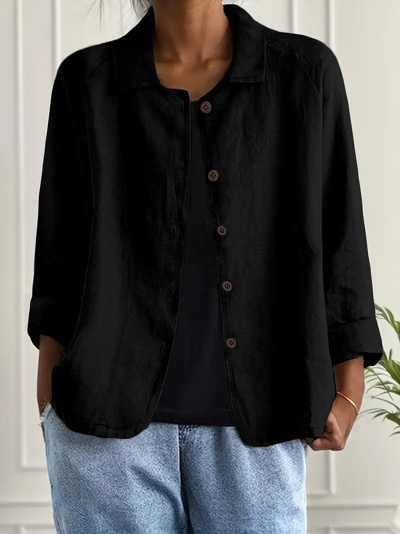 Women's collared shirt-style cardigan with button front and long sleeves