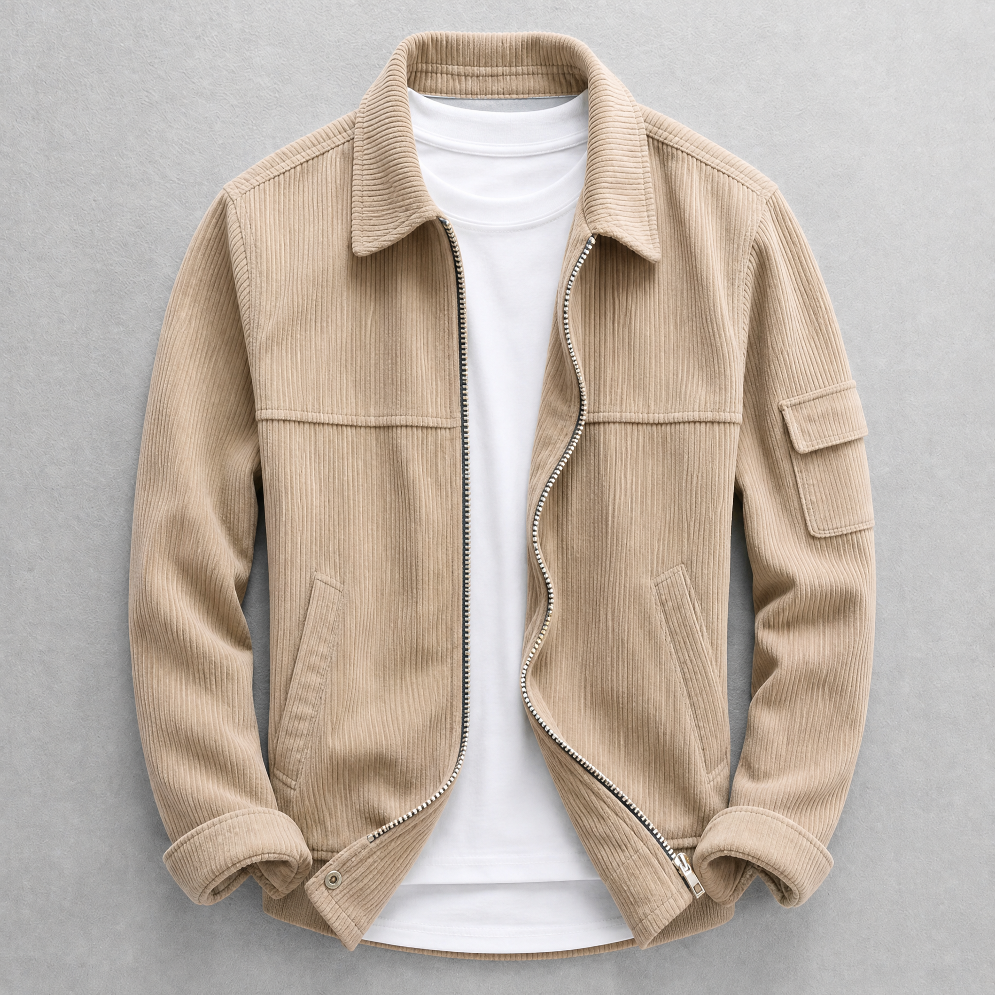 Men's corduroy jacket with zip front, pointed collar and sleeve pocket